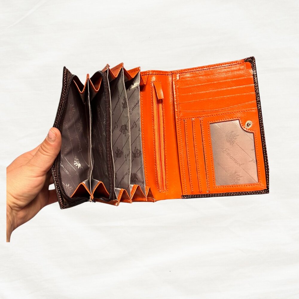 Emmanuel Leather Wallet | Brown & Orange Accordion Style Large Wallet